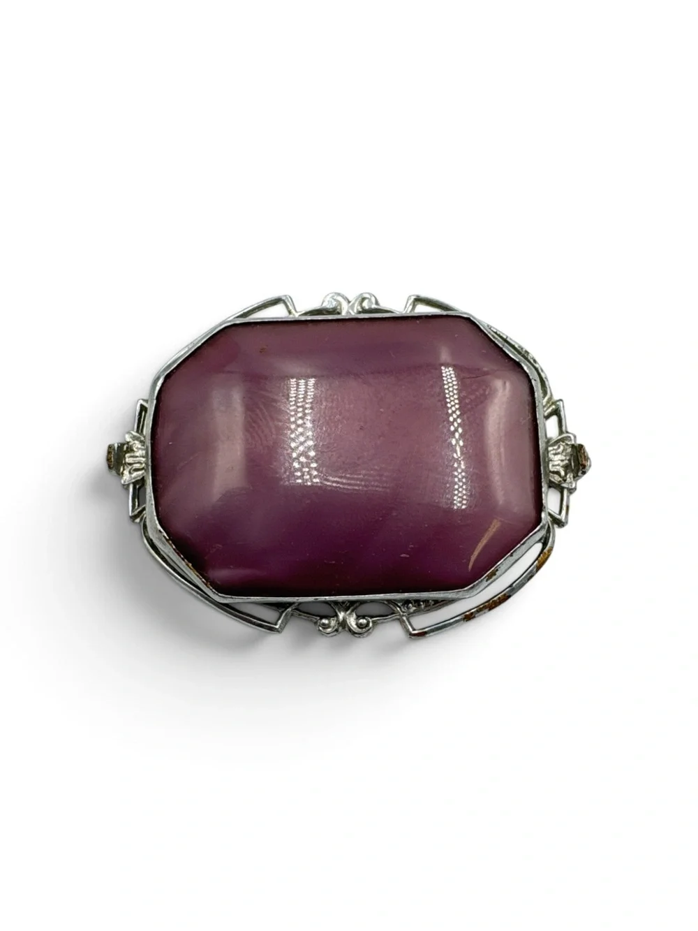 Vintage 1940s Purple Slag Glass Rhodium Plated Art Deco Brooch Pin 1 3/4”